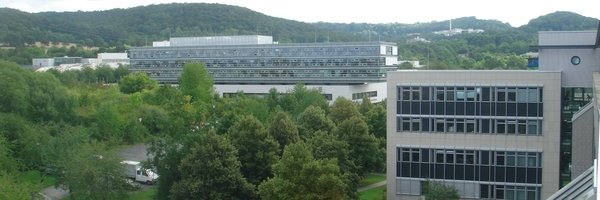 A scene fotographed from a high vantage point, overlooking a landscape sloping upwards to a hill ridge on the horizon, with green trees crowding between several buildings. To the right, part of the university building from which the picture was taken; in the center, the upper stories of a large office building, both with lots of glass on their fronts.