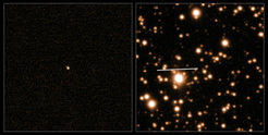 Left: Extensive calculations omitting the background of countless stars allow the comet 67P/Churyumov-Gerasimenko to appear as a bright spot. The observations were performed with the help of ESO's Very Large Telescope on 5. October 2013 from a distance of approximately 500 million kilometers. Right: The star field with the track of the comet marked.