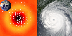 On the left the arrows show the swirling motion of a ‘hurricane’ in the Northern hemisphere of the Sun, compared with Hurricane Katrina (also in the Northern hemisphere) on the right. The inset of the Earth on the left shows the huge scale of the swirling pattern on the Sun. The horizontal inflow reaches speeds up to 800 km/hr, and at the centre (dark spot) the plasma sinks back into the solar interior.