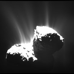 Spectacular fans of activity. This image was acquired on the 22nd of November 2014 by the OSIRIS wide angle camera in a set of observations dedicated to the investigation of activity. Rosetta was orbiting 67P at a distance of 30 kilometers and looking at the Southern hemisphere of the nucleus. The spatial resolution is 2.8 meters per pixel. The nucleus is overexposed in order to reveal the faint jets of activity.