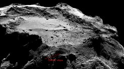 The current 16 x 160 m CONSERT ellipse overlaid on an OSIRIS narrow-angle camera image of the same region. The location and size of the ellipse is not accurate at the pixel level, and may also change as further CONSERT data analysis proceeds and more detailed comet shape models become available. The OSIRIS image is a slightly cropped 2 x 2 mosaic of NAC images taken from a distance of approximately 18 km from the surface of the comet on 13 December 2014. At this distance, the resolution of NAC is approximately 34 cm per pixel, and the full mosaic covers roughly 1.3 km.