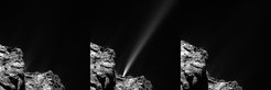 A short-lived outburst from Comet 67P/Churyumov–Gerasimenko was captured by Rosetta’s OSIRIS narrow-angle camera on 29 July 2015. The image at left was taken at 13:06 GMT and does not show any visible signs of the jet. It is very strong in the middle image captured at 13:24 GMT. Residual traces of activity are only very faintly visible in the final image taken at 13:42 GMT. The images were taken from a distance of 186 km from the centre of the comet. The jet is estimated to have a minimum speed of 10 m/s and originates from a location on the comet’s neck, in the rugged Anuket region.