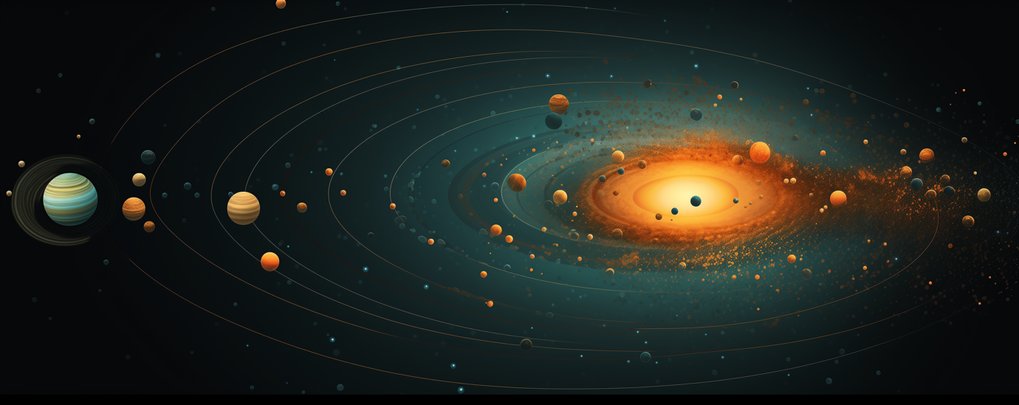 Artistic rendering of an early planetary system with a central star with remainders of a debris disk and a plethora of colorful orbiting planets